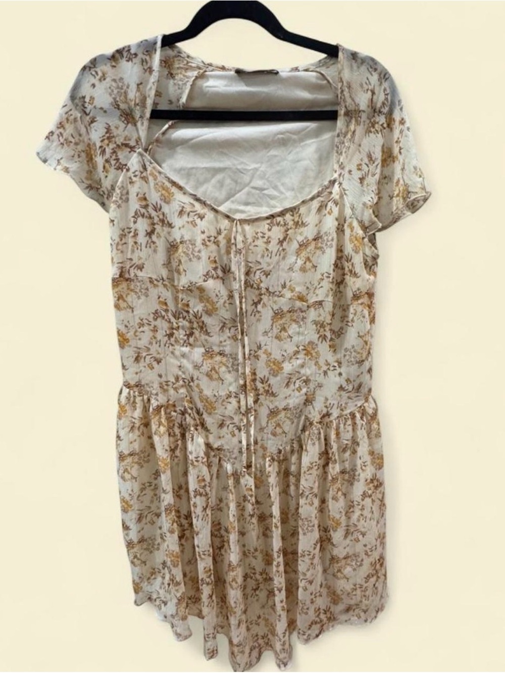 Cider Cream Yellow Floral Flutter Sleeve Drop Waist Mini Dress Large